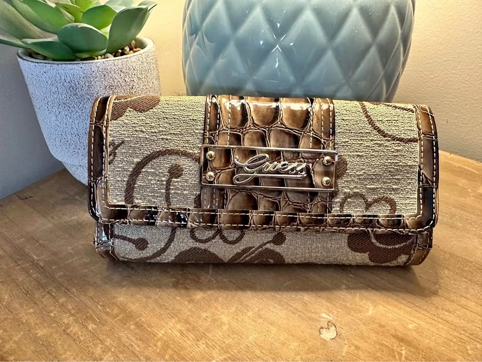Guess Brown Beige Floral Croc Print Wallet