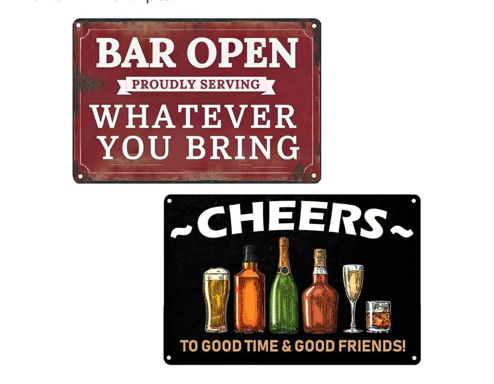 Brand new set of 2 vintage metal funny bar tin decor
