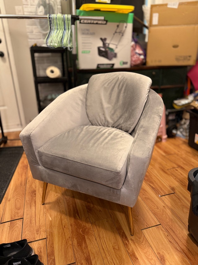 Grey Velvet Accent Chair with Gold Legs - Used (Good Condition)