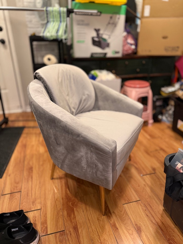 Grey Velvet Accent Chair with Gold Legs - Used (Good Condition) - photo 2