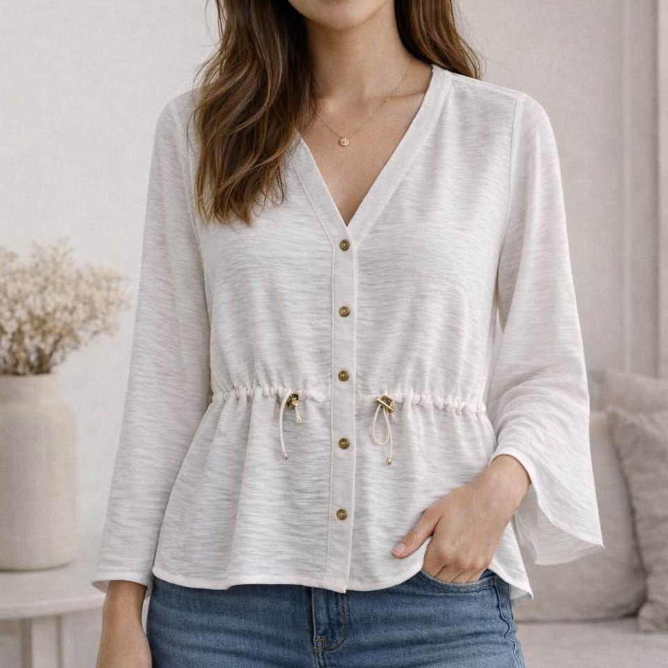Michael Kors White Textured Button Down Blouse - Drawstring Wais