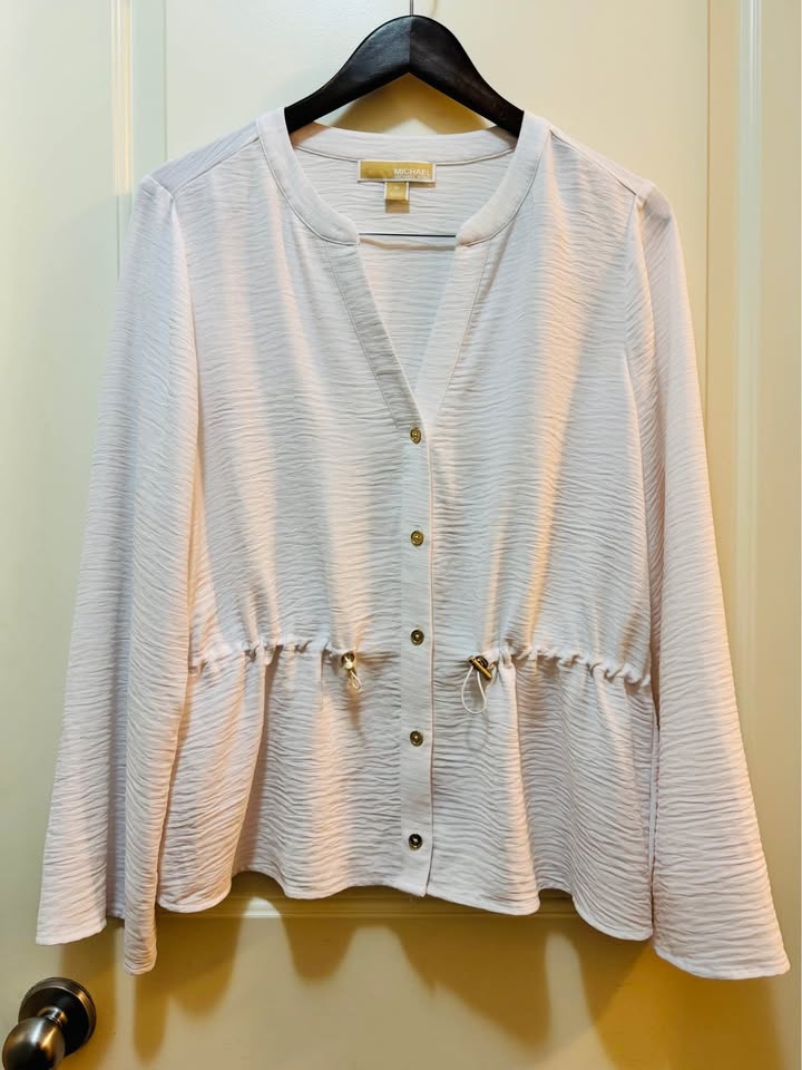 Michael Kors White Textured Button Down Blouse - Drawstring Wais - photo 2