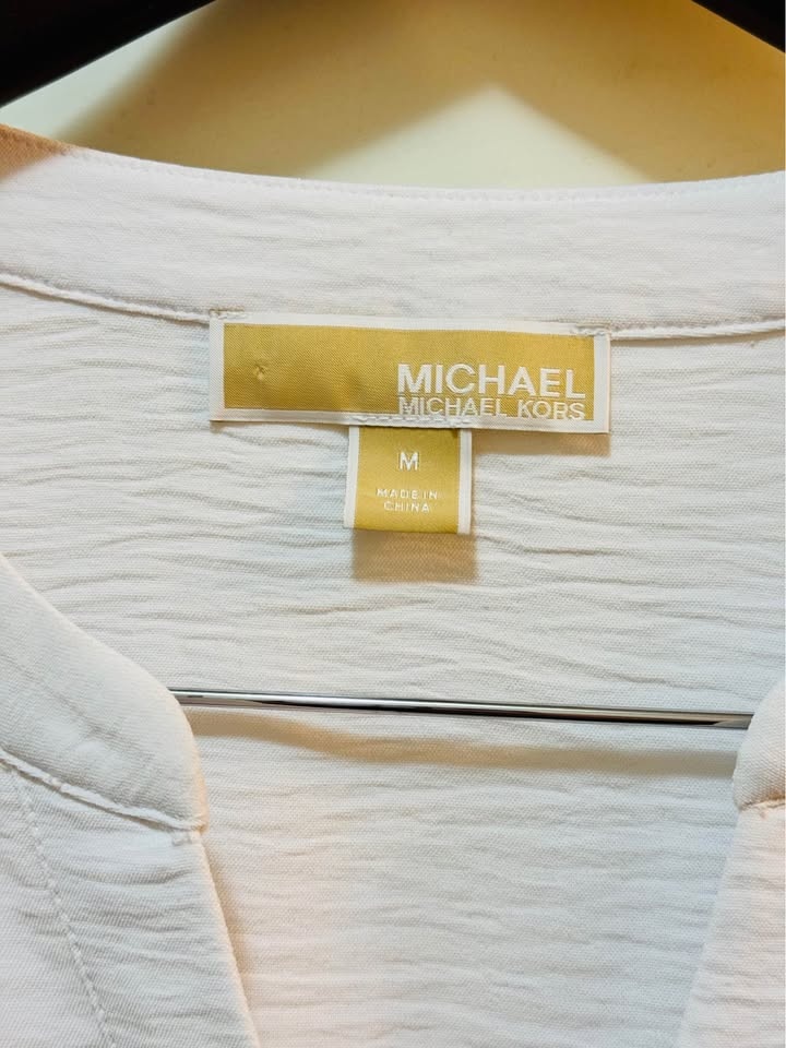 Michael Kors White Textured Button Down Blouse - Drawstring Wais - photo 3