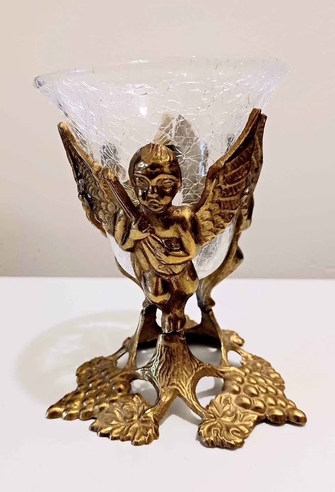 Vtg Angel Cherub Crackled Glass Candy Bowl