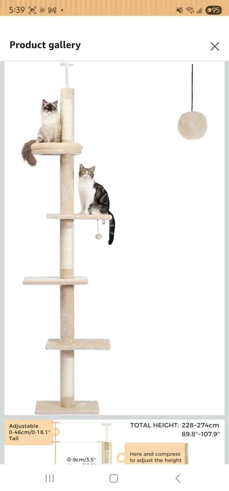 Beige Floor-to-Ceiling Cat Tree Adjustable Height - photo 2
