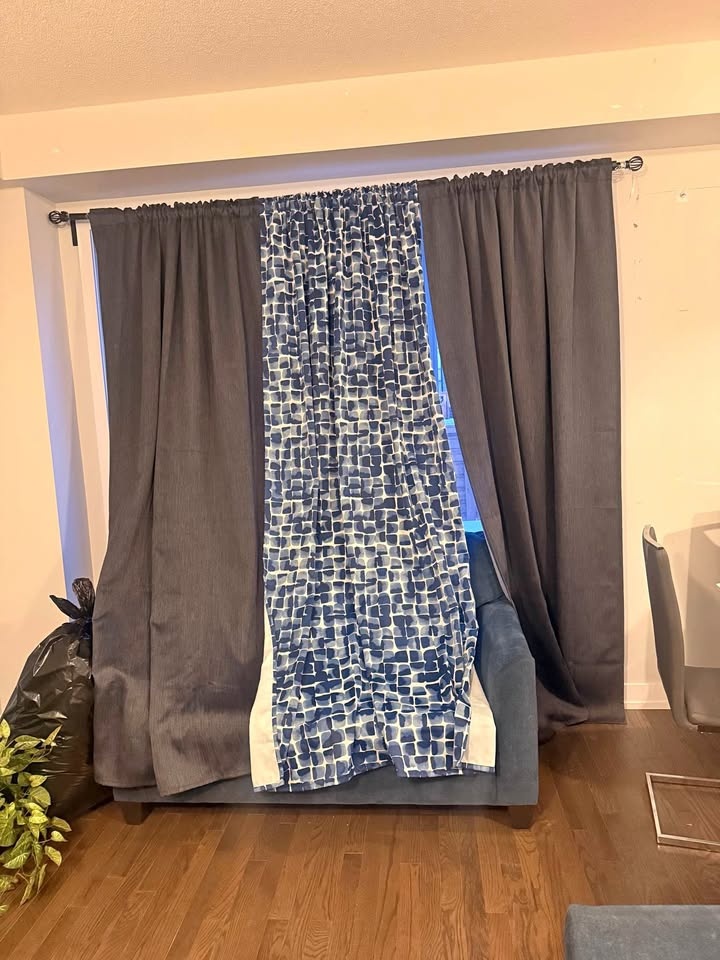 12 piece Full Floor Length Grey & Patterned Curtains with Rods