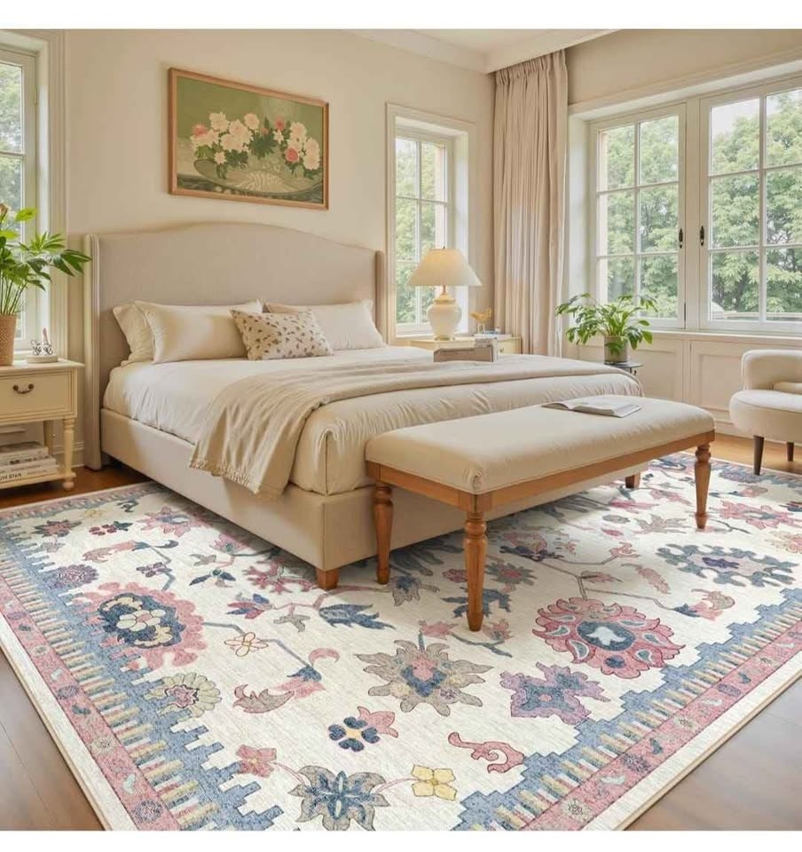 7x9 Washable Area Rug - Modern Oushak Vintage Floral Carpet - photo 3