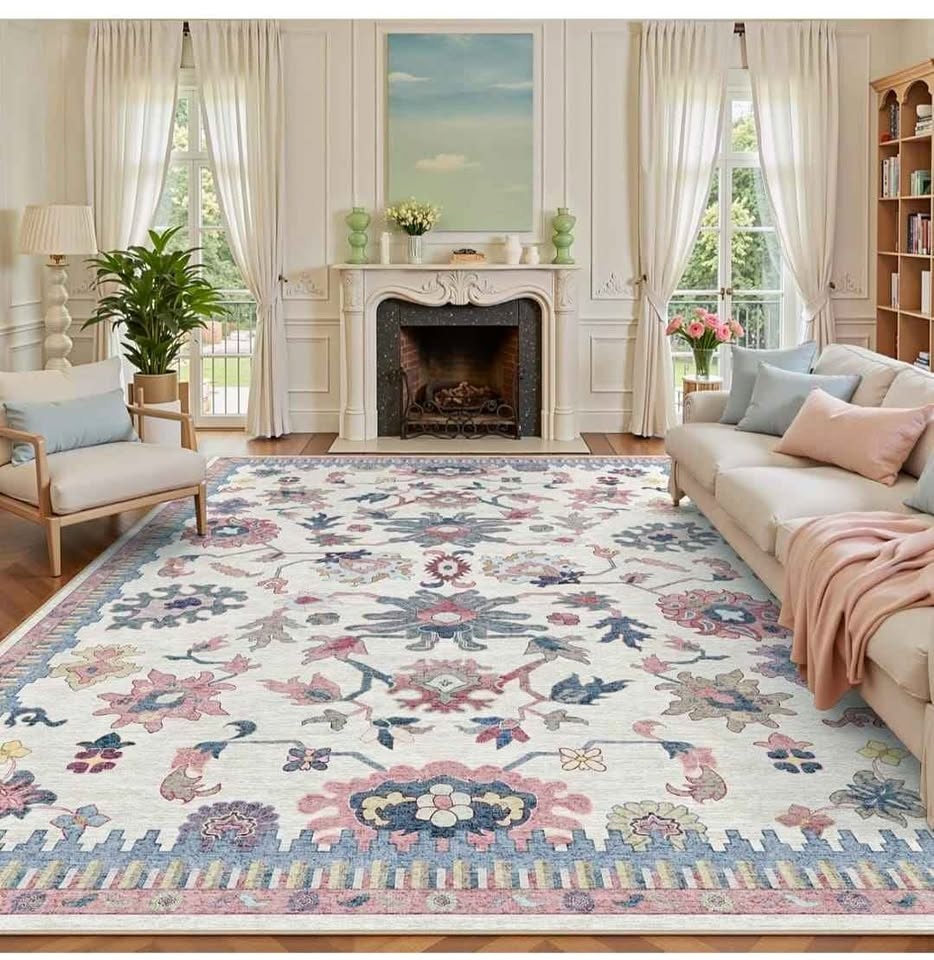 7x9 Washable Area Rugs - Modern Oushak Vintage Floral Carpet