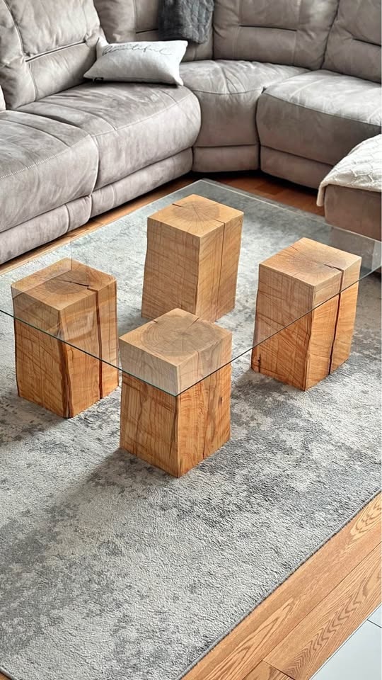 Glass Coffee Table with custom made Solid Ash Block legs