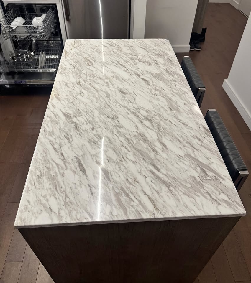 CB2 White Marble Island w/Storage and 2 Barstools