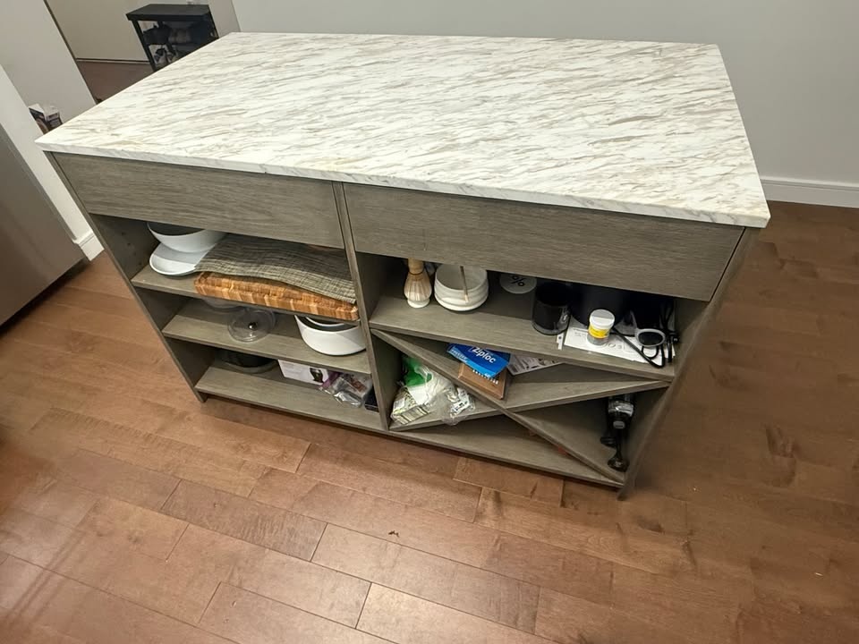 CB2 White Marble Island w/Storage and 2 Barstools - photo 2