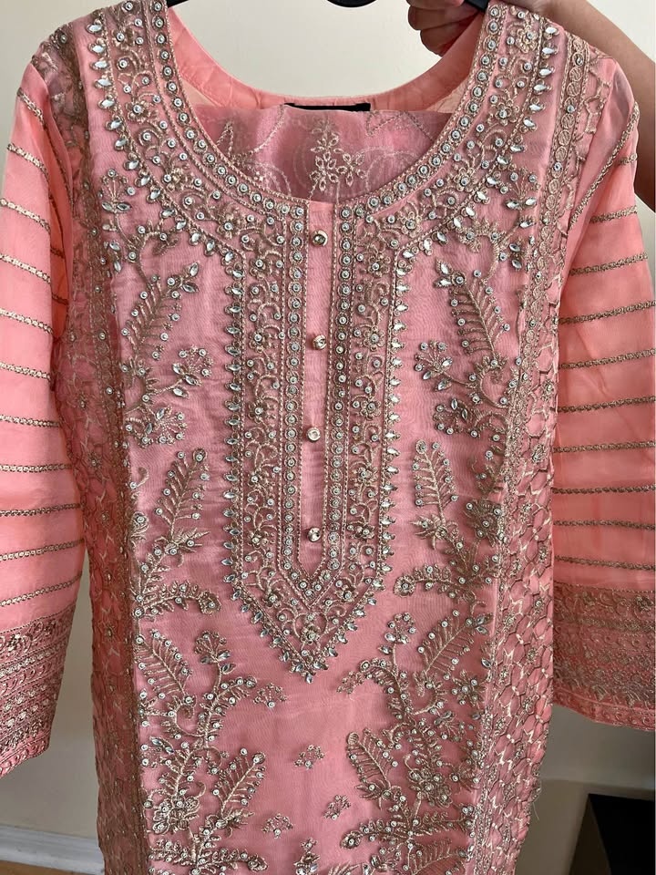 Beautiful Embroidered Gharara set in soft peach color