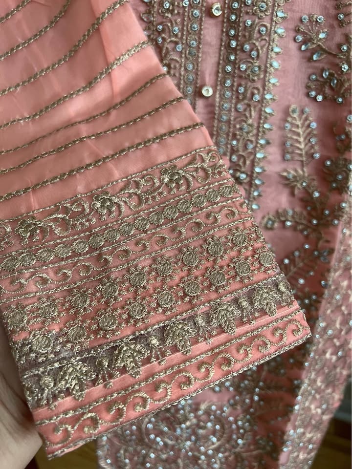 Beautiful Embroidered Gharara set in soft peach color - photo 5