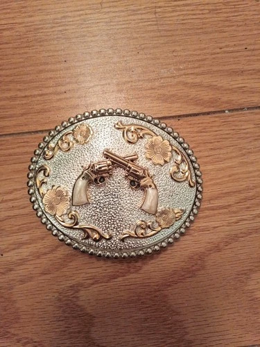 Gold Crossed Pistols Flower Engraved Belt Buckle