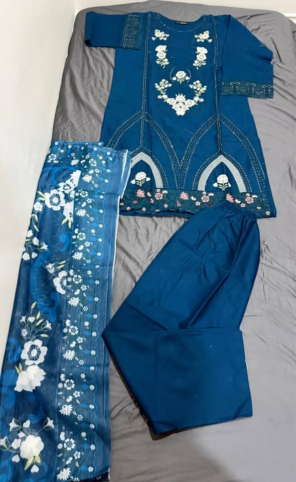 Teal Blue Embroidered 3-Piece Suit – Brand New | Size Large - photo 3