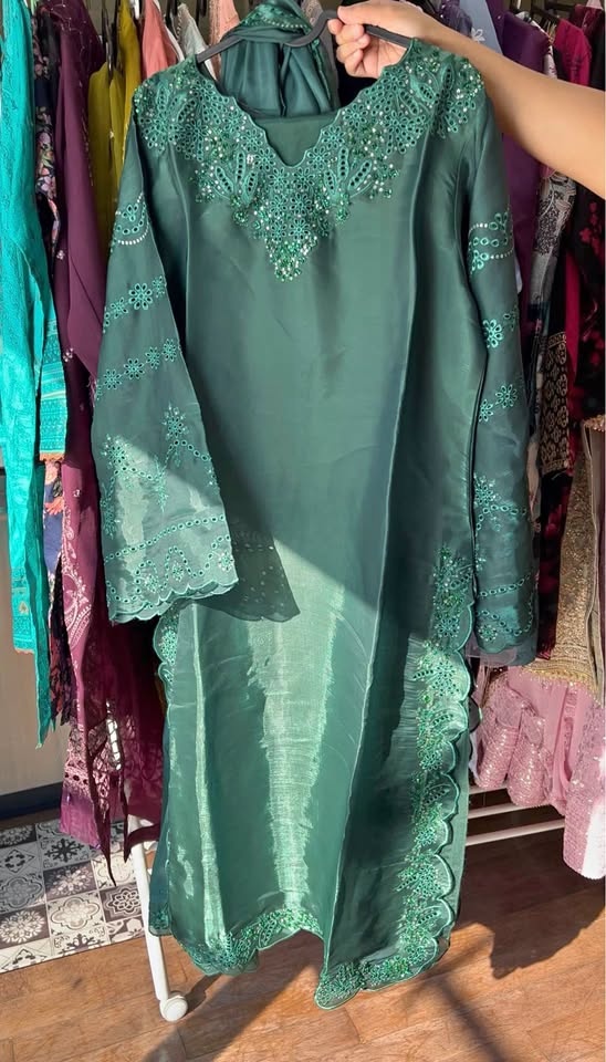 Beautiful Sheesha Silk 3 Pcs Suit with Cutwork & Embroidery