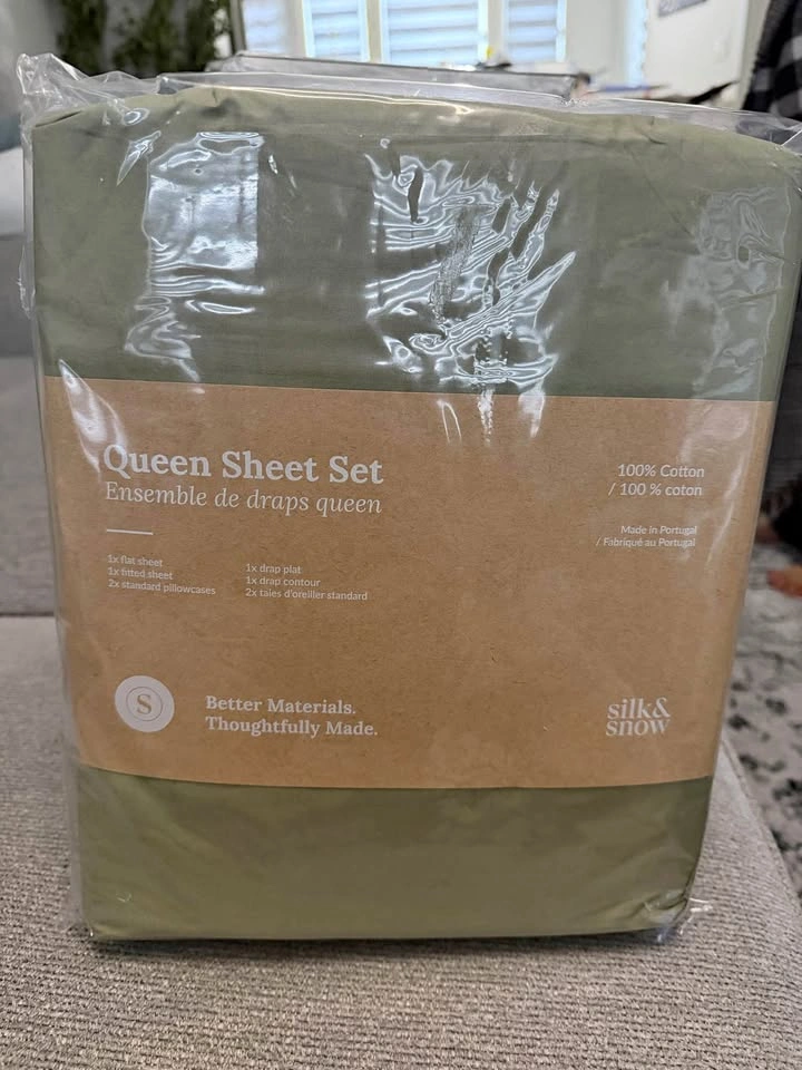 Silk & Snow 100% Cotton Queen Sheet Set - Eucalyptus Green