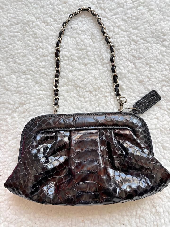 Vintage Danier Black Crocodile Clutch w/ Removable Chain