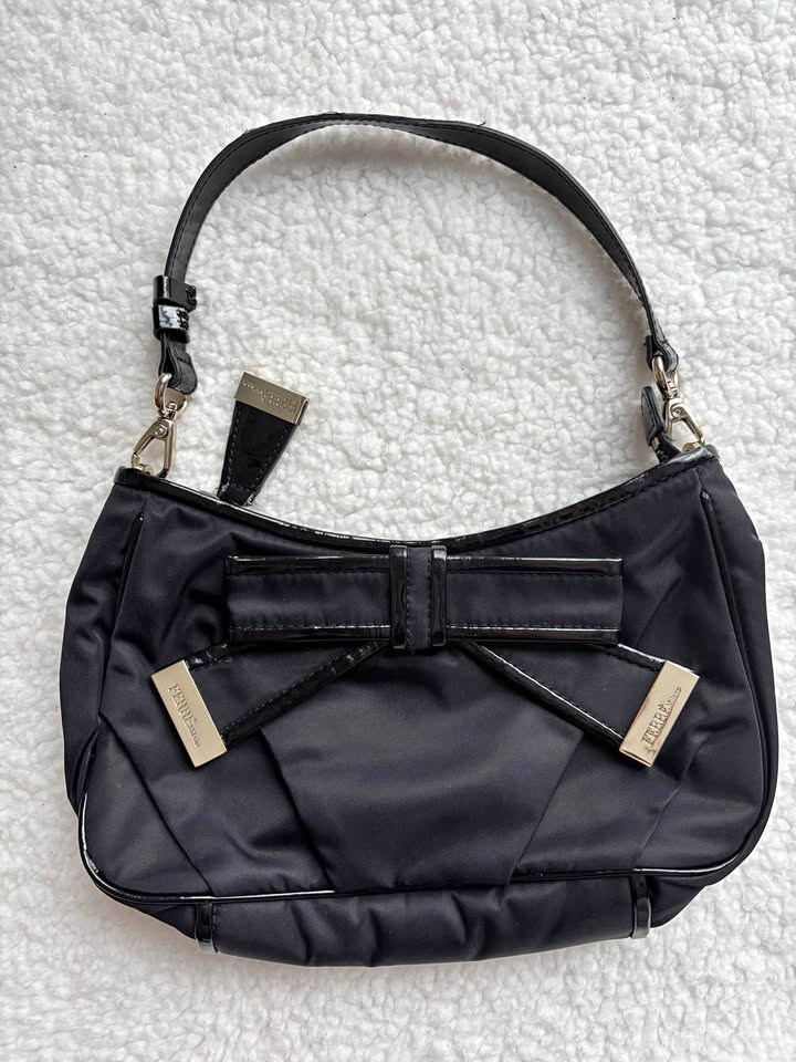 Ferre Milano Black Nylon Shoulder Bag with Bow Accent
