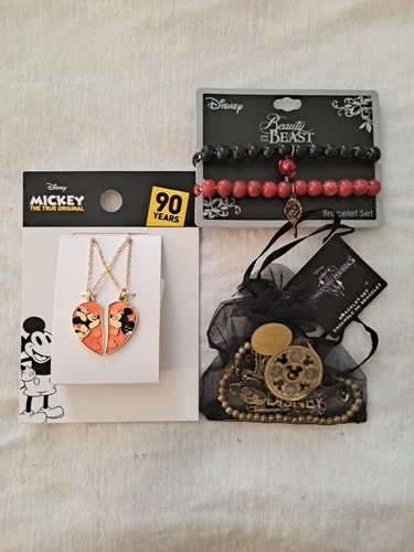 3 Piece Disney Necklace & Bracelet Lot - Mickey, Minnie & Beauty