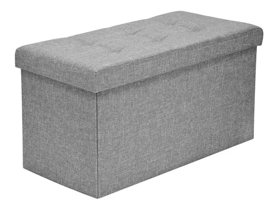 Grey Foldable Storage Ottoman Bench - Faux Leather Footrest