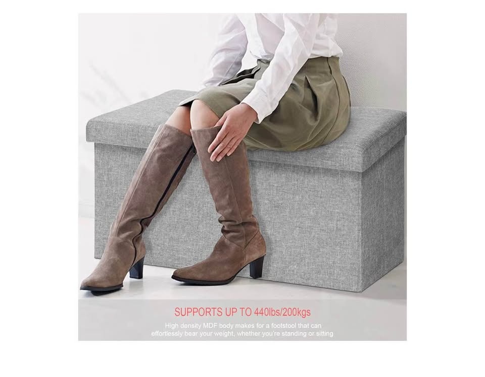 Grey Foldable Storage Ottoman Bench - Faux Leather Footrest - photo 3