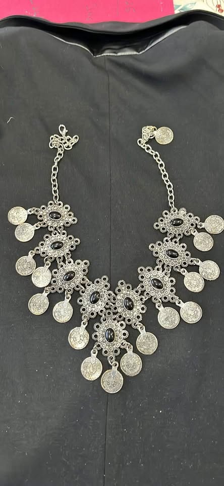 Silver Coin Charm Necklace with Black Stones