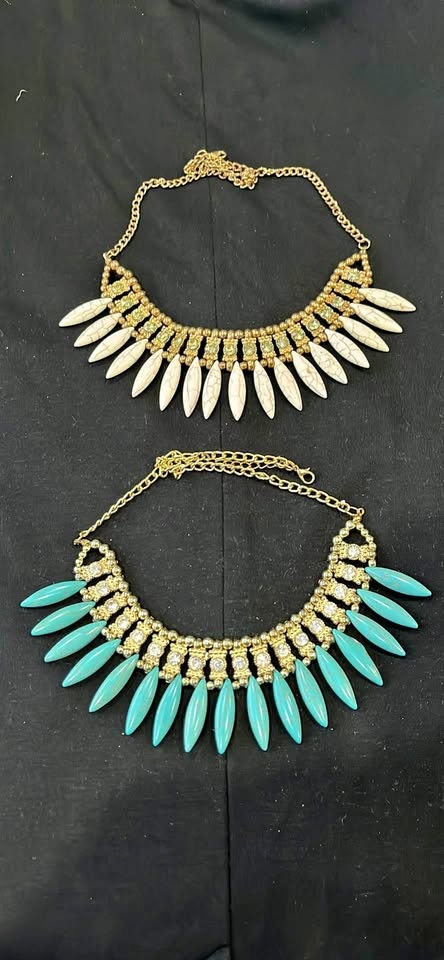 Turquoise and White Statement Necklaces Gold Tone