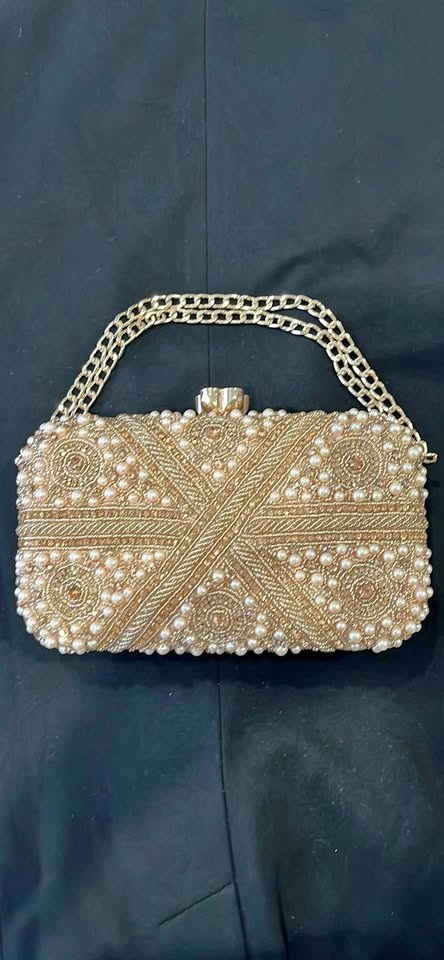 Gold Pearl Beaded Clutch Bag w Chain Strap