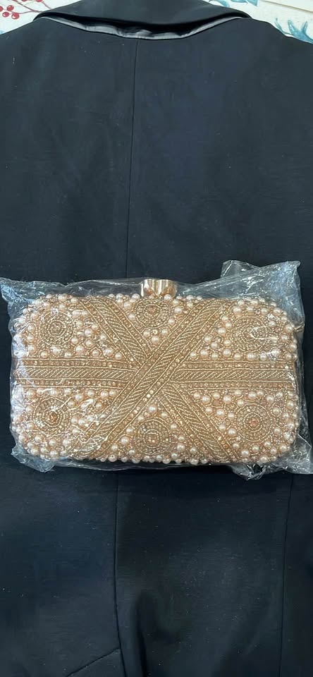 Gold Pearl Beaded Clutch Bag w Chain Strap - photo 2