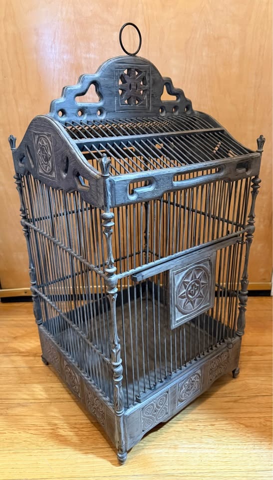 Antique Chinese Carved Wooden Bird Cage 30" H
