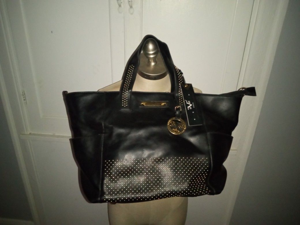 Black Leather Gold Studded Versace Tote Bag