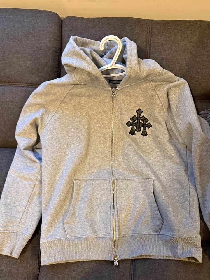Chrome Hearts Grey and Black Triple Cross Patch Zip Up Hoodie