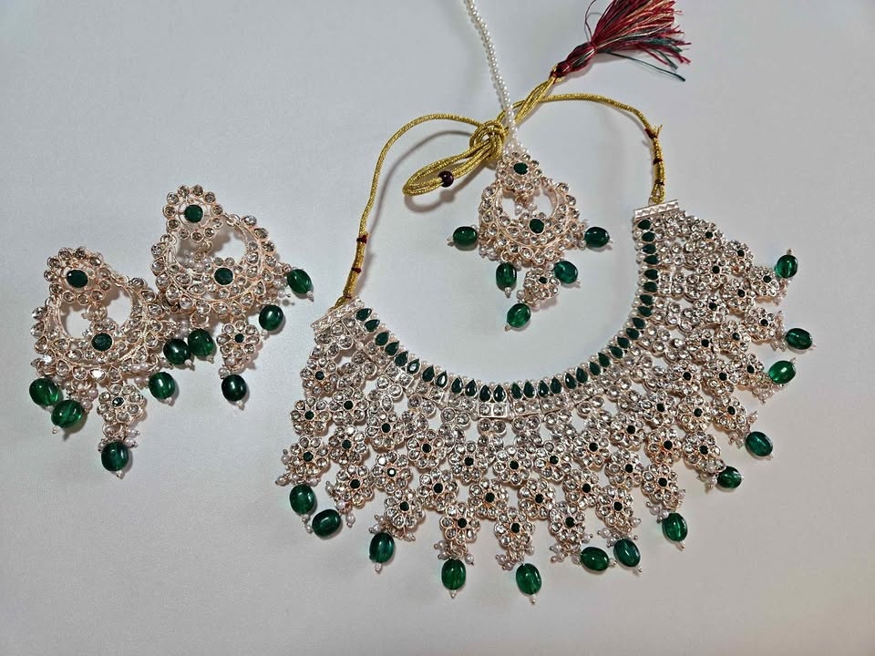 Indian Jewelry Set Green Stone Necklace Earrings Gold Tone