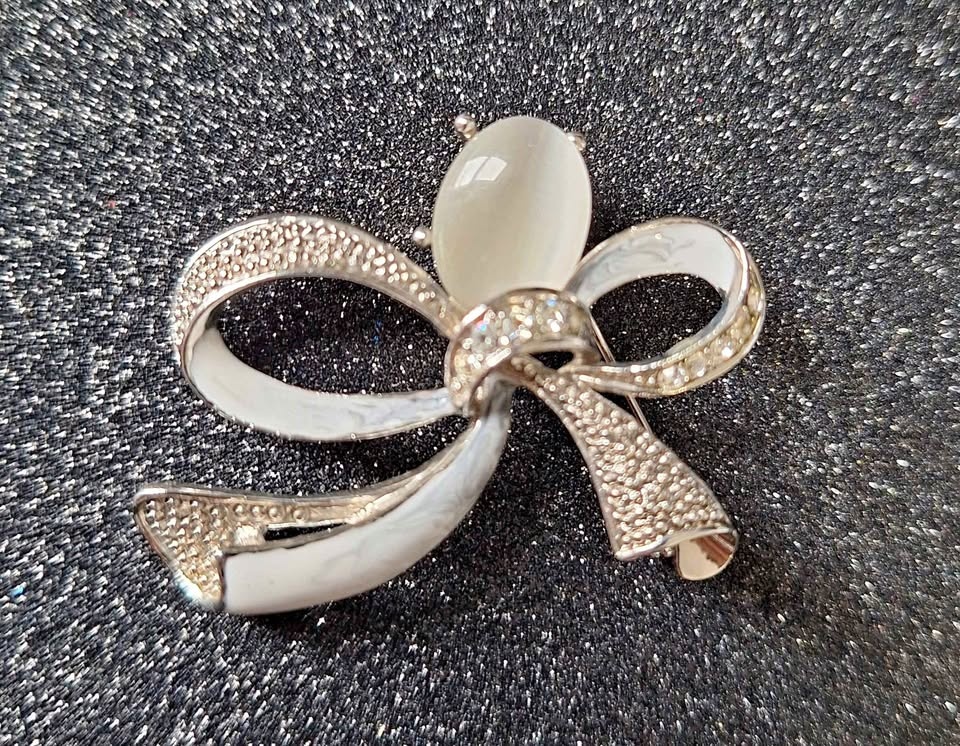 Silver-tone Bow Brooch with White Enamel and Crystals