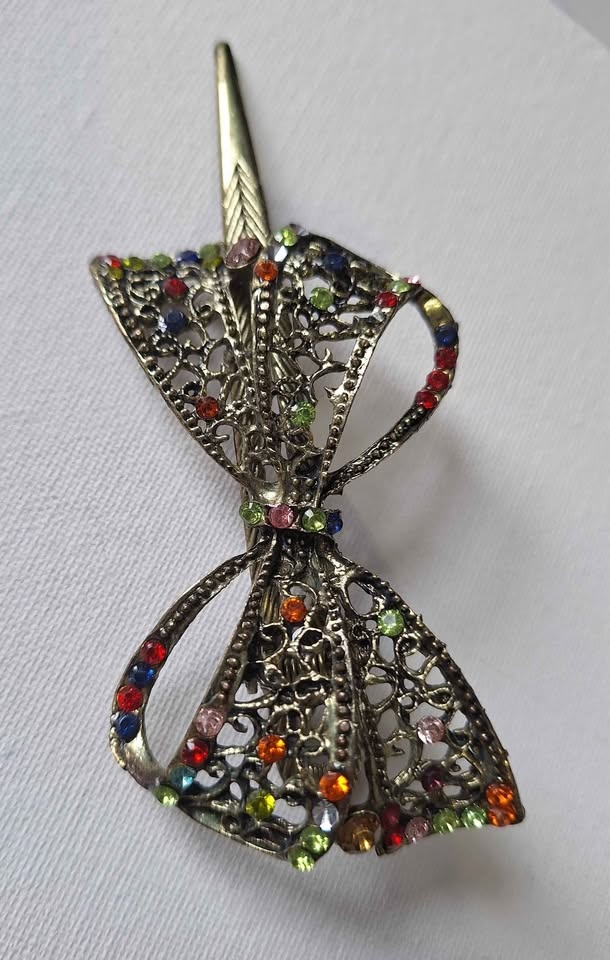 Vintage brass tone rhinestone bow hair clip almost 5" long - photo 5
