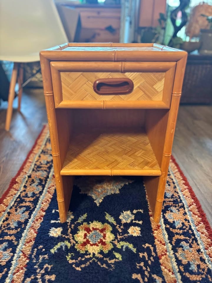 Boho Bamboo Rattan Side Table Nightstand Entry Table with Drawer