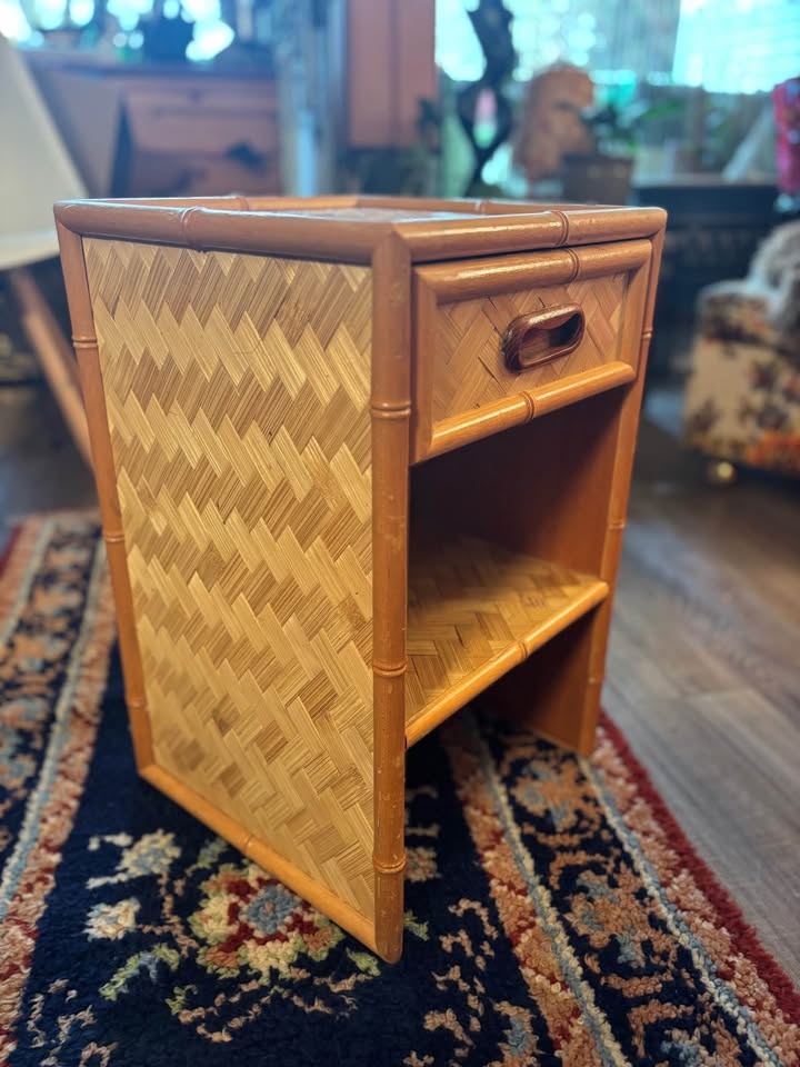 Boho Bamboo Rattan Side Table Nightstand Entry Table with Drawer - photo 2