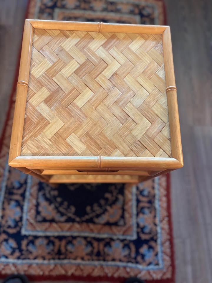Boho Bamboo Rattan Side Table Nightstand Entry Table with Drawer - photo 5