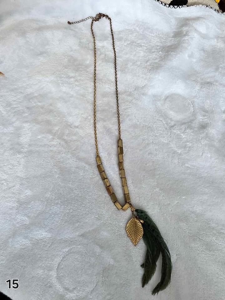 Green feather Gold vintage costume jewelry