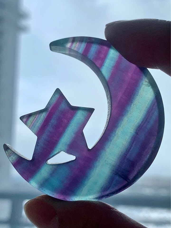 Transparent Rainbow Fluorite Moon & Star Carving