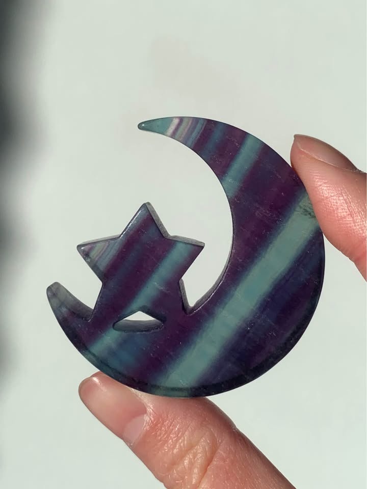 Transparent Rainbow Fluorite Moon & Star Carving - photo 4