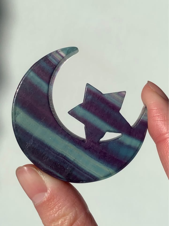 Transparent Rainbow Fluorite Moon & Star Carving - photo 5