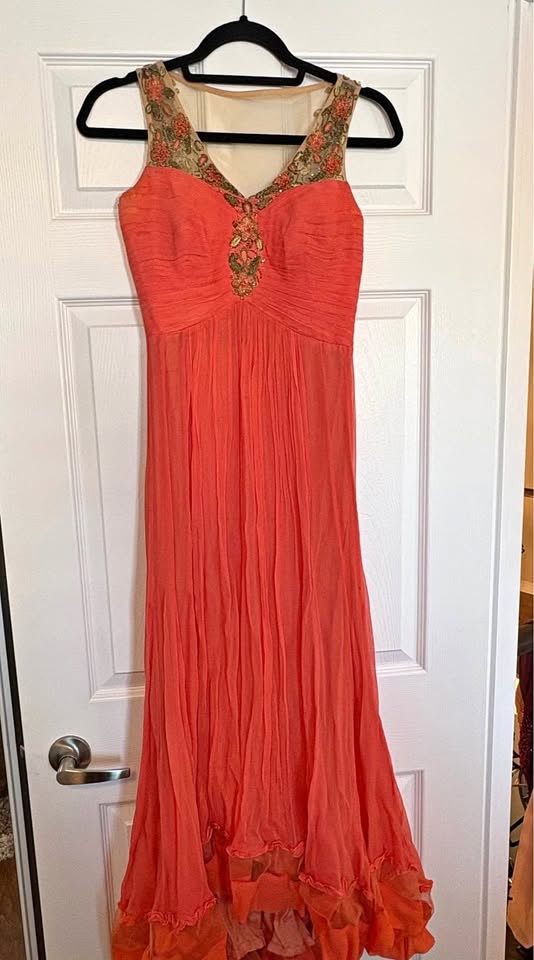 Orange Indian Churidar Suit | Designer Sheer Net - size small