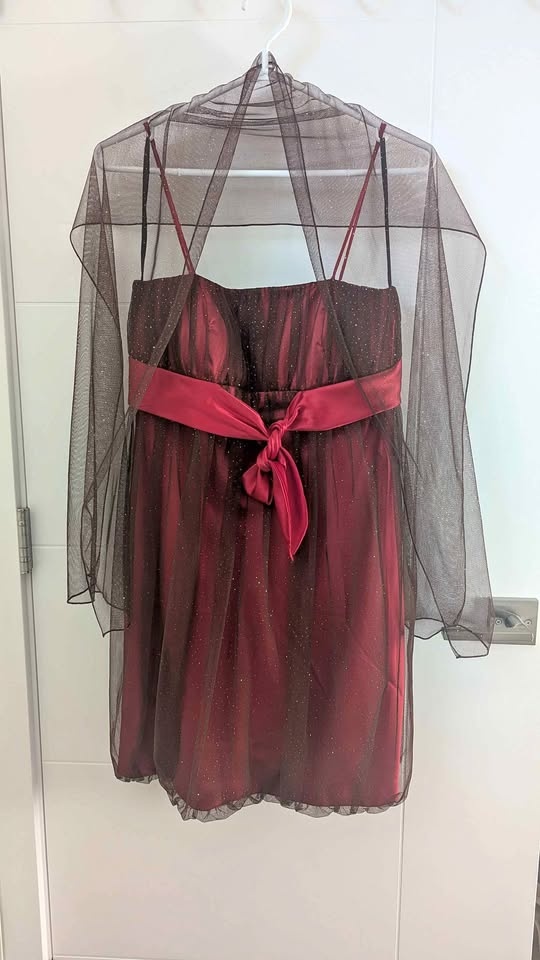 Stunning Burgundy & Shimmer Tulle Cocktail Dress with Shawl