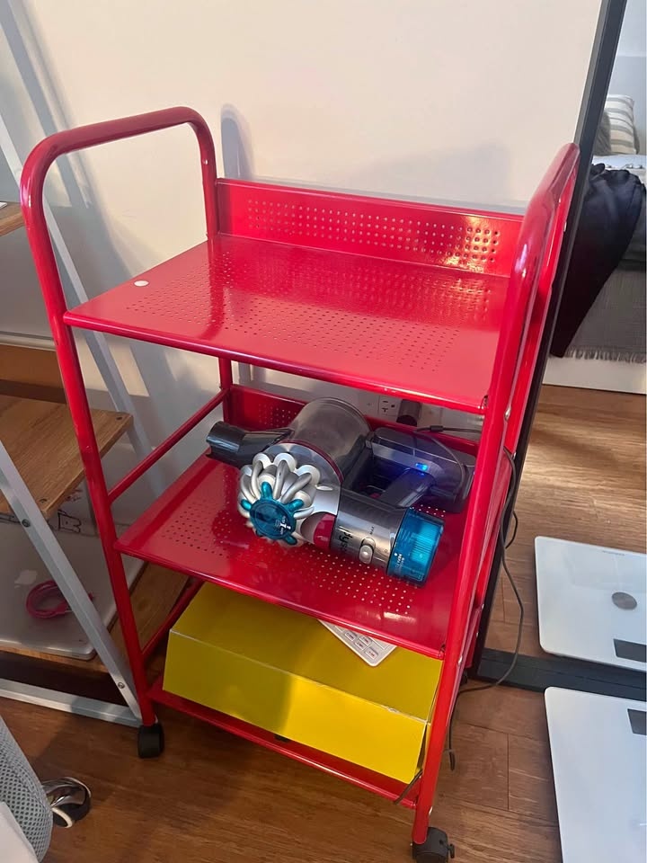 Red Metal Shelving on Wheels