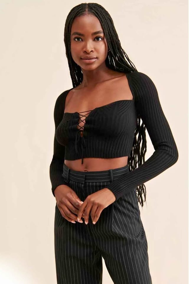 Urban Outfitters Black Lace-up Ribbed Cropped Sweater - Small