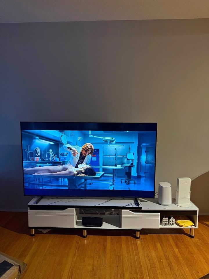 Faux Marble White TV Stand — Adjustable