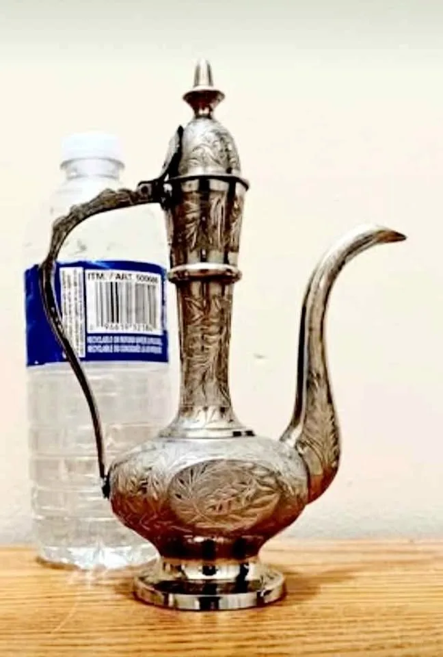 Vtg Hand Crafted S.P. Etched Brass Ewer Pitcher thumbnail