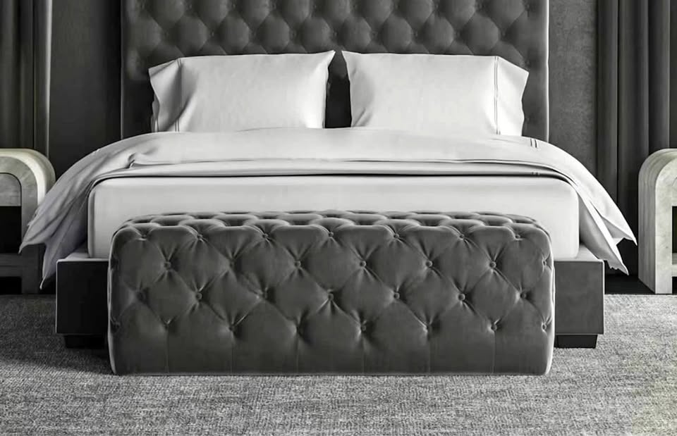 Saatva Constance Tufted Ottoman, Graphite Velvet, Brand New